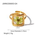 Anello aperto in acciaio inossidabile dorato con vero fiore verde in resina - Stile Fiore Pressato Verde Quadrato (JDRW2306003-GN)