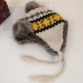 Winter knit trapper hat with maple leaf pattern, faux fur lining and plush pom-poms - M (56-58cm) / Beige Snowflake