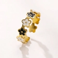 Adjustable golden stainless steel ring with black and white enamel flower pattern - Gold (Black & White Flower)