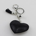 Black heart-shaped rhinestone keychain with a long tassel and silver metal lobster clasp - Black