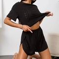 Women's black two-piece loungewear set with diamond hollow jacquard short sleeve and shorts - S / Black