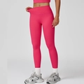 High-waisted yoga pants in rose red stretch fabric with wide waistband for tummy control - S / Bottoms / Peony Red