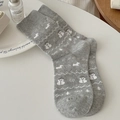 Light gray knit crew socks with festive white snowman, puppy and snowflake patterns - One Size / Light Gray