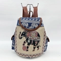 Ethnic embroidery canvas backpack with navy elephant pattern and drawstring closure - Navy Cream Embroidered Elephant