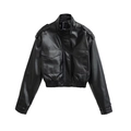 Women's black faux leather bomber jacket with stand collar and utility flap pockets - XS / Black