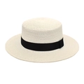 Elegant off-white flat-top straw boater hat with a wide black ribbon for sun protection - M (56-58cm) / Pure White