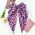 Large leopard print bow hair clip with ribbons in pink and black satin fabric - Purple Large Leopard