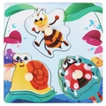 Wooden peg puzzle featuring colorful cartoon bee, snail, and ladybug insects for toddlers - Insects 3-in-1 Peg Puzzle