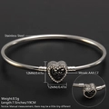 Silver stainless steel heart bracelet with AAA CZ stone and Love engraving, 19cm length - Black Heart Side Draw Bangle