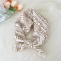 Square khaki and white geometric cotton linen scarf with elegant lace trim details - Khaki Round Geometric