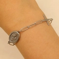 Detail of silver paperclip chain bracelet featuring a cross charm and religious medal - Steel Color Paperclip Chain Style (Steel WG-0165)