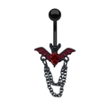 Detail of a black bat belly ring featuring a red teardrop gemstone and twin chains - Black Red Bat Wing Tassel Shape (#8)