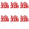 Lot de 6 décorations de gâteau Hello 2026 rouge pailleté avec tiges en bois de fête - hello 2026 / Lot de 6 / Rouge