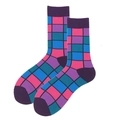 Men's cotton socks featuring purple, pink and blue geometric checkerboard patterns - One Size / Purple Checkerboard (1516C)