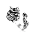 Adjustable dragon-shaped ring in vintage silver alloy with detailed scale engraving - Looking Up Dragon (R-102)