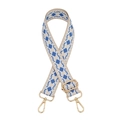 Detail of beige ethnic style bag strap with blue geometric patterns and gold metal buckles - Cream Blue Wave