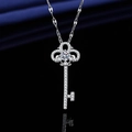 Sparkling silver key pendant necklace with a large central diamond and micro-set zircons - Xl-153 [with Four-leaf Clover Chain]