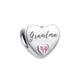 Silver heart bead charm with Grandma engraving and pink gemstone for DIY jewelry - Grandma
