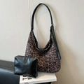 Vintage leopard print bucket bag with matching black pouch and adjustable strap - Leopard Grey Set
