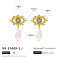 Detail view of evil eye earrings with turquoise, white pearl, and precise measurements - Blue Sapphire Color Evil Eye Baroque Pearl Style (NB-E1609-BU)