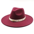 Close-up of wine red wool fedora hat with cream faux leather band and gold stud detailing - M(56-58cm) / Burgundy