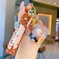 Brown bubble tea keychain with cute bear figure, pearl charms and silicone wrist strap - Oil-infused Bubble Tea - Mug Style