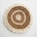 Bohemian round straw wall decor with natural wood tones and cream fringe border - Model B Alternate Woven Tassels (25cm)