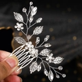Silver bridal hair comb with handmade pearls, rhinestones, and floral leaf design - Silver Crystal Artificial Pearl Hair Comb (HS-J7285S)