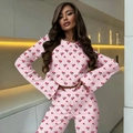 Pink cherry print pajama set with flared sleeves and lettuce edge trim details - S / Pink Cherry