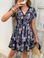 Navy blue V-neck floral dress with short sleeves and a ruffled layered skirt - S / Navy Blue