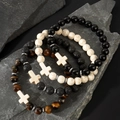 Set di 4 bracciali da uomo con ossidiana, occhio di tigre e ciondoli a croce bianca - Set di 4 - Nero Opaco