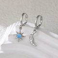 Asymmetric silver hoop earrings with blue stone star and crescent moon pendants - Silver Tone with Aquamarine Stone