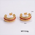 Gold chunky twisted C-hoop earrings with red rhinestone inlay and size measurements - Red Rhinestone Rope Earrings (AMLEH116)