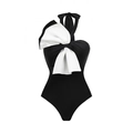 Elegant black one-piece swimsuit with a large white bow decoration and contrast design - S / One-Piece Swimsuit