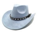 Close-up of light blue suede cowboy hat with white woven brown leather hat band - M (56-58cm) / Sky Blue
