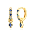 Close-up of golden hoop earrings with blue and white zircons and marquise-cut pendants - Gold Blue Zirconia Marquise Pendant