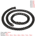 Conjunto de joyas cubanas de acero titanio negro de 10mm con collar, pulsera y tallas - 45cm / Negro