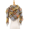 Plaid tassel scarf in gray, yellow, and orange tones, soft warm winter wrap for women - Beige and Grey Plaid