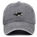 Vintage washed grey cotton baseball cap featuring minimalist orca embroidery on front - Orca Embroidery Style / Gray