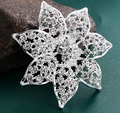 Luxury silver flower brooch with hollow filigree and crystals on a dark stone background - XD377-Silver 8-Petal Flower Hollow