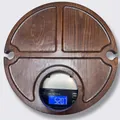 Round walnut finish wooden snack tray with dividers and glass holder weighing 520.7g - Pine Wood Painted Custom