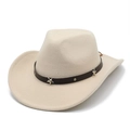 Detail of beige cowboy hat with brown leather band, silver stars, and round metal studs - M (56-58cm) / Beige