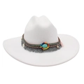 Cappello da cowboy bianco in feltro con perline turchesi e nastro etnico con nappe - Taglia unica / Bianco