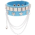 Detail of light blue PU leather bracelet with silver studs, chains and bell pendant - Sky Blue Chain