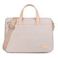 Minimalistische grijze laptoptas met lichtbruine lederen handvatten en schouderriem - 14" / Klassiek Khaki