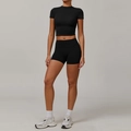 Women's black high-waisted yoga set including crop top and slim-fit biker shorts - S / Top And Bottom / Short Sleeve + Shorts / Premium Black