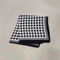 Elegant vintage square silk scarf featuring black and white polka dots with striped border - Large Polka Dot Square Scarf / 65
