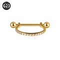 Golden G23 solid titanium barbell piercing with zircon and opal stud in studio lighting - 1.2x10x3x3mm / 8mm Gold with White Zircon