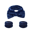 Three-piece set of dark blue plush bow headband and matching wristbands for face washing - Navy Blue Headband & Wristbands Set