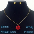 Golden titanium steel jewelry set featuring a red petal pendant necklace and stud earrings - Red (KS201534-GG)